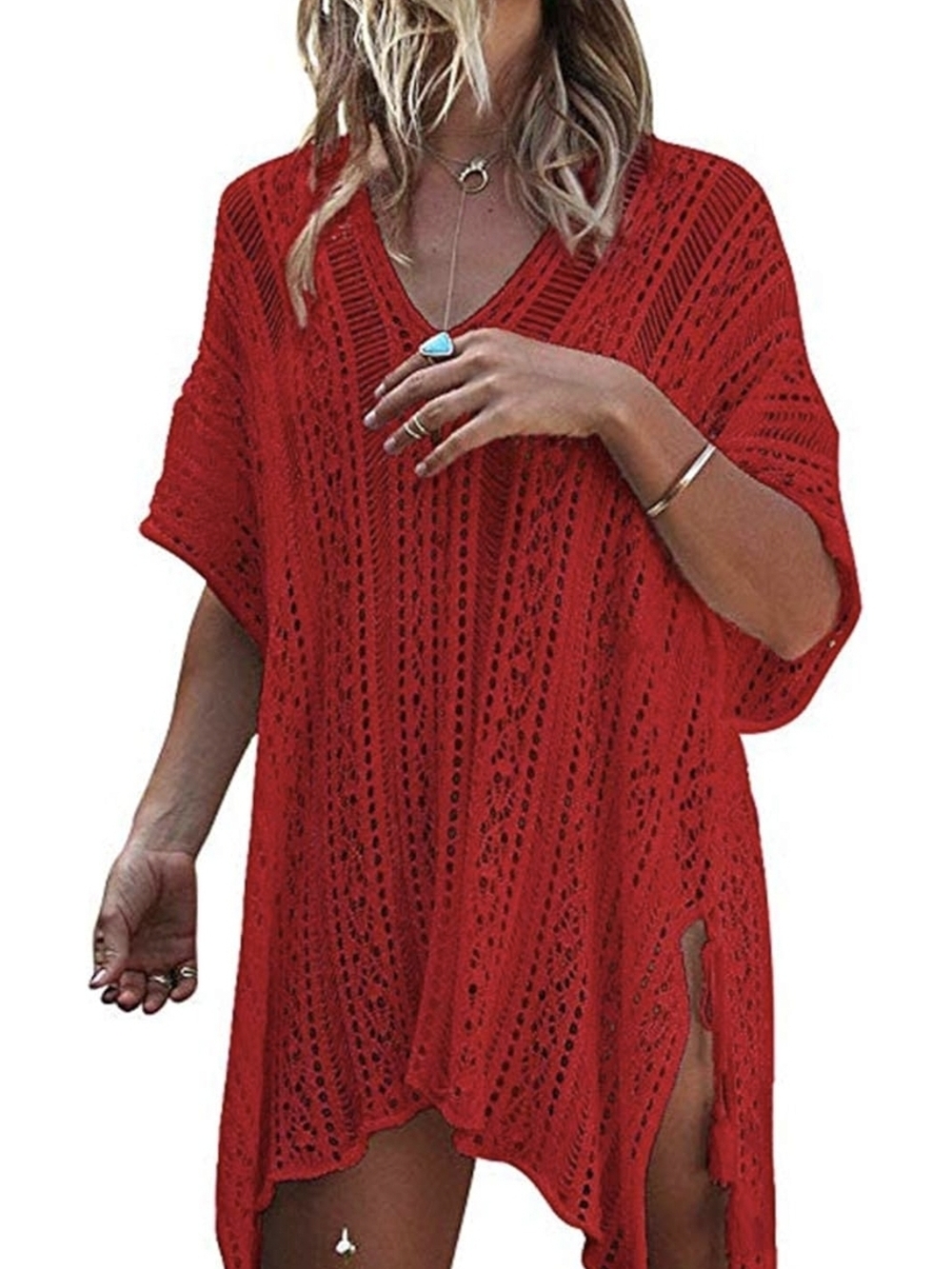Red Open-Knit V-Neck Swim Cover-Up Tunic